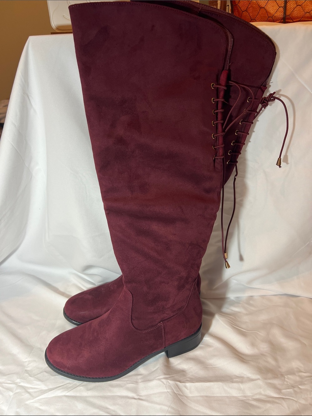 Women's Over-the-Knee Faux Suede Lace-Up Boots in Burgundy